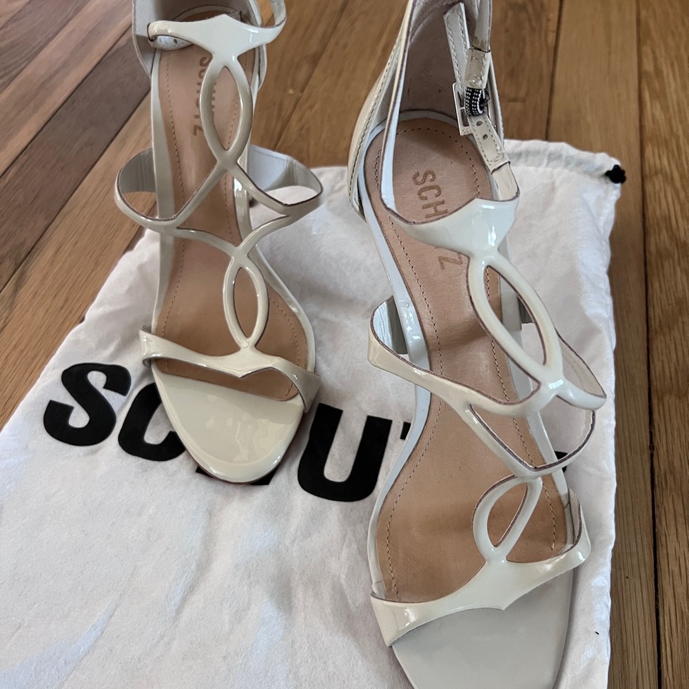 Schutz White Patent Strappy High-Heel Sandals